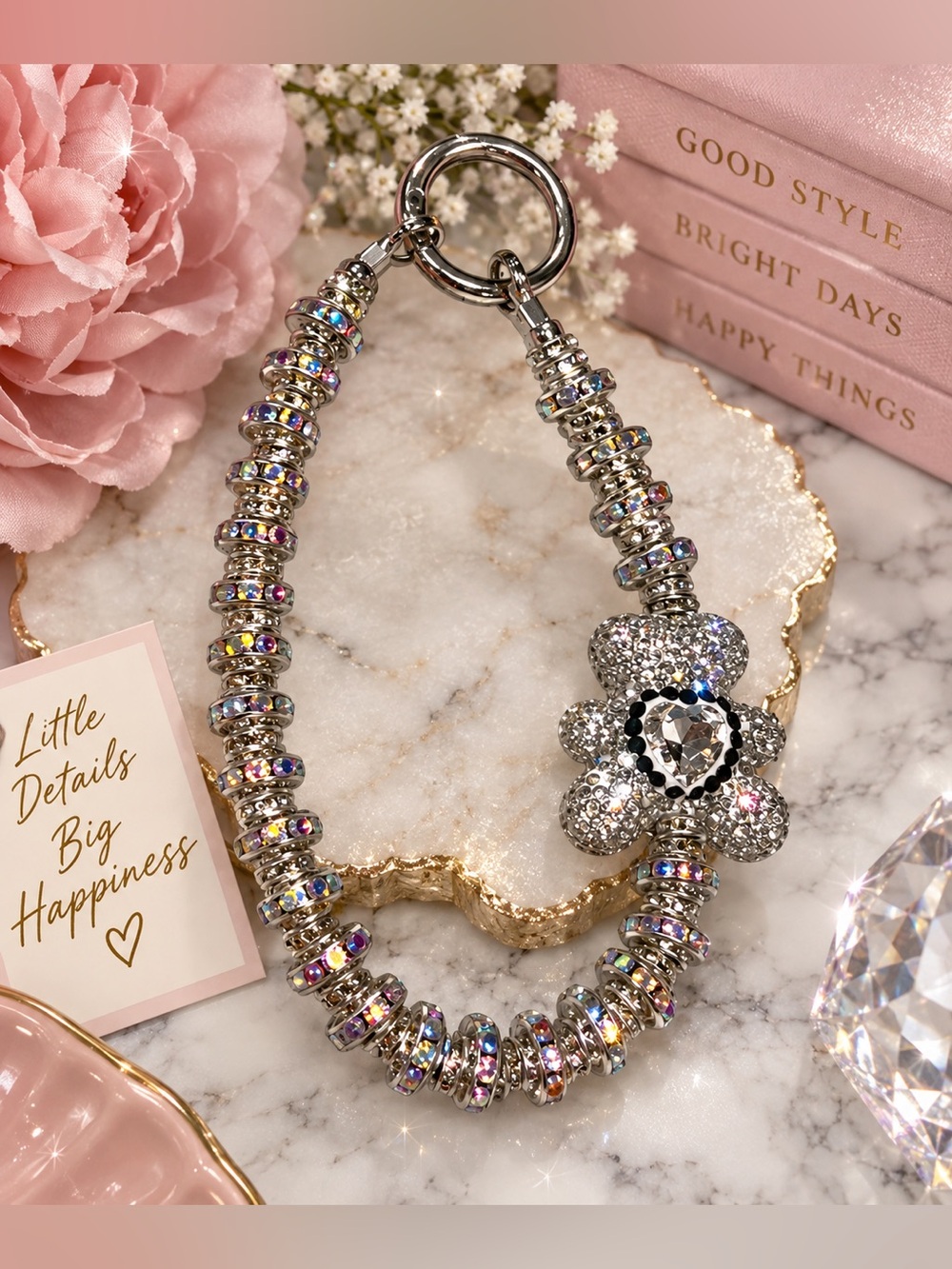 ✨ New Rhinestone Teddy Bear Beaded Keychain Bag Charm – Silver Sparkle